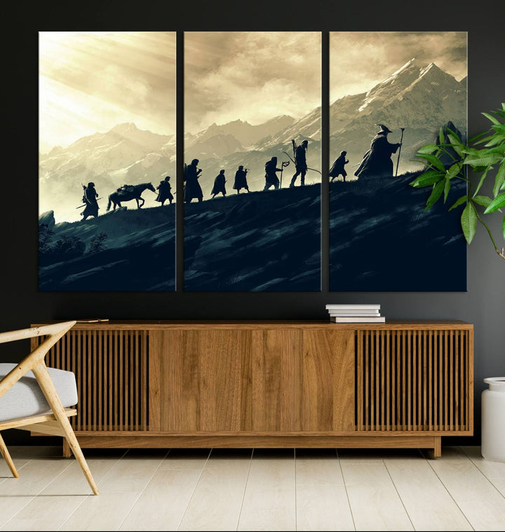 A canvas print titled "Lord of the Rings Silhouette Wall Art Capturing the Epic Quest Through Middle-Earth - The Fellowship's Journey" is displayed.