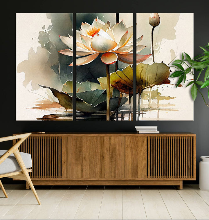 The Lotus Flower Watercolor Canvas Print, a contemporary wall art piece symbolizing serenity and growth with its soft watercolors, adorns the wall.