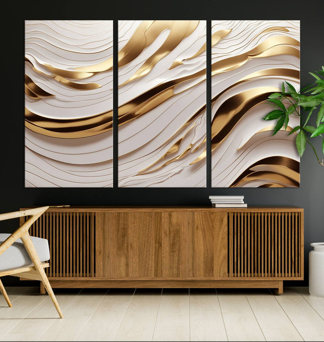 The "Gold and White Abstract Wave Canvas – Elegant Flowing Design with Luxurious Golden Accents" beautifully enhances the area and creates a stunning focal point in the room.