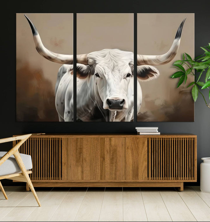 Texas Longhorn Canvas Wall Art features a triptych design on premium canvas with a gallery-quality finish.