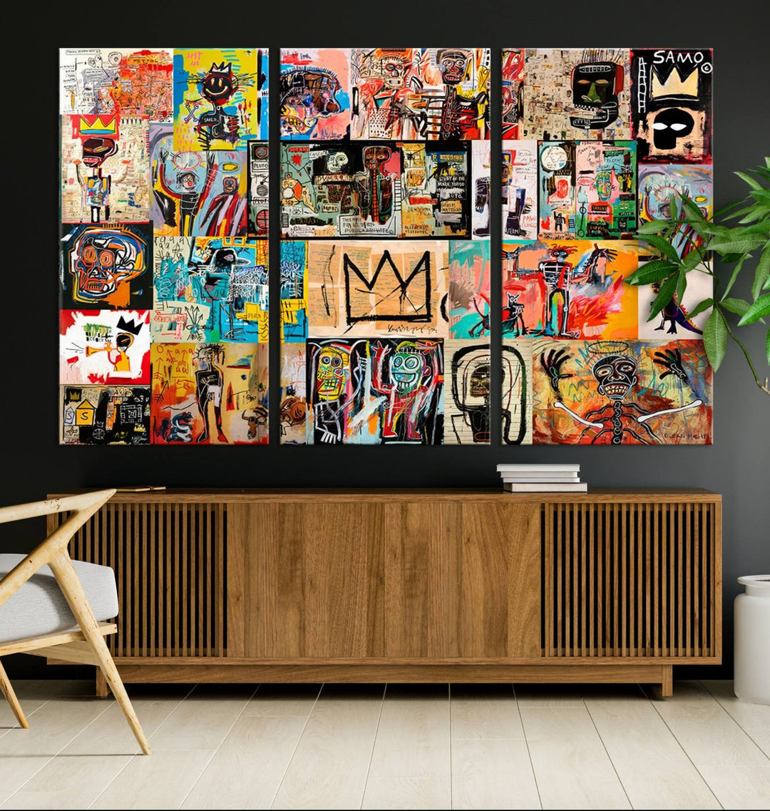 A vibrant Basquiat Art Collage Wall Art Canvas Print in an urban graffiti style adds a modern artistic flair.