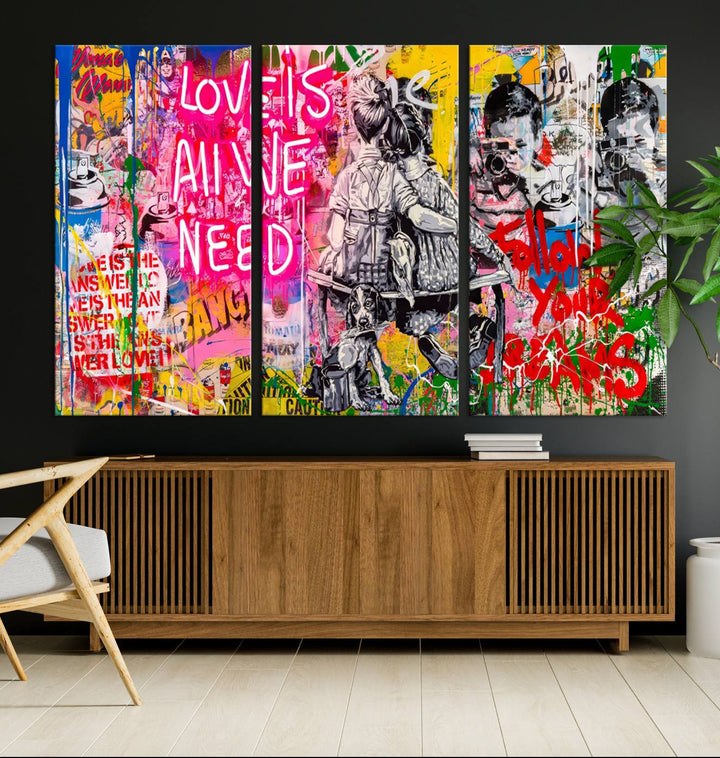 A vivid display of the "Follow Your Dreams & Love is All We Need" graffiti street art energizes a modern room with its three-panel arrangement. This bold giclee canvas print infuses any contemporary space with dynamic flair.