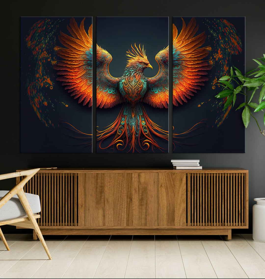 The Majestic Phoenix Wall Art Canvas Set, a fiery symbol of rebirth and strength, graces the wall.