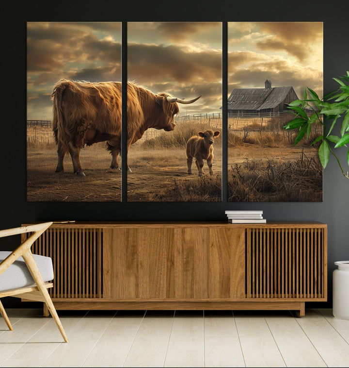 The living room features the "Highland Cow Canvas Wall Art Animal Print Pictures Fluffy Cattle Art," which captures a cow and calf in a rural sunset scene, adding gallery-quality charm.