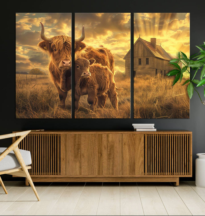 The room features the Barn and Highland Cow Canvas Wall Art Animal Print, a three-panel canvas depicting cows in a sunset field with a rustic barn backdrop. This handmade piece brings charm and character with its gallery-quality finish.