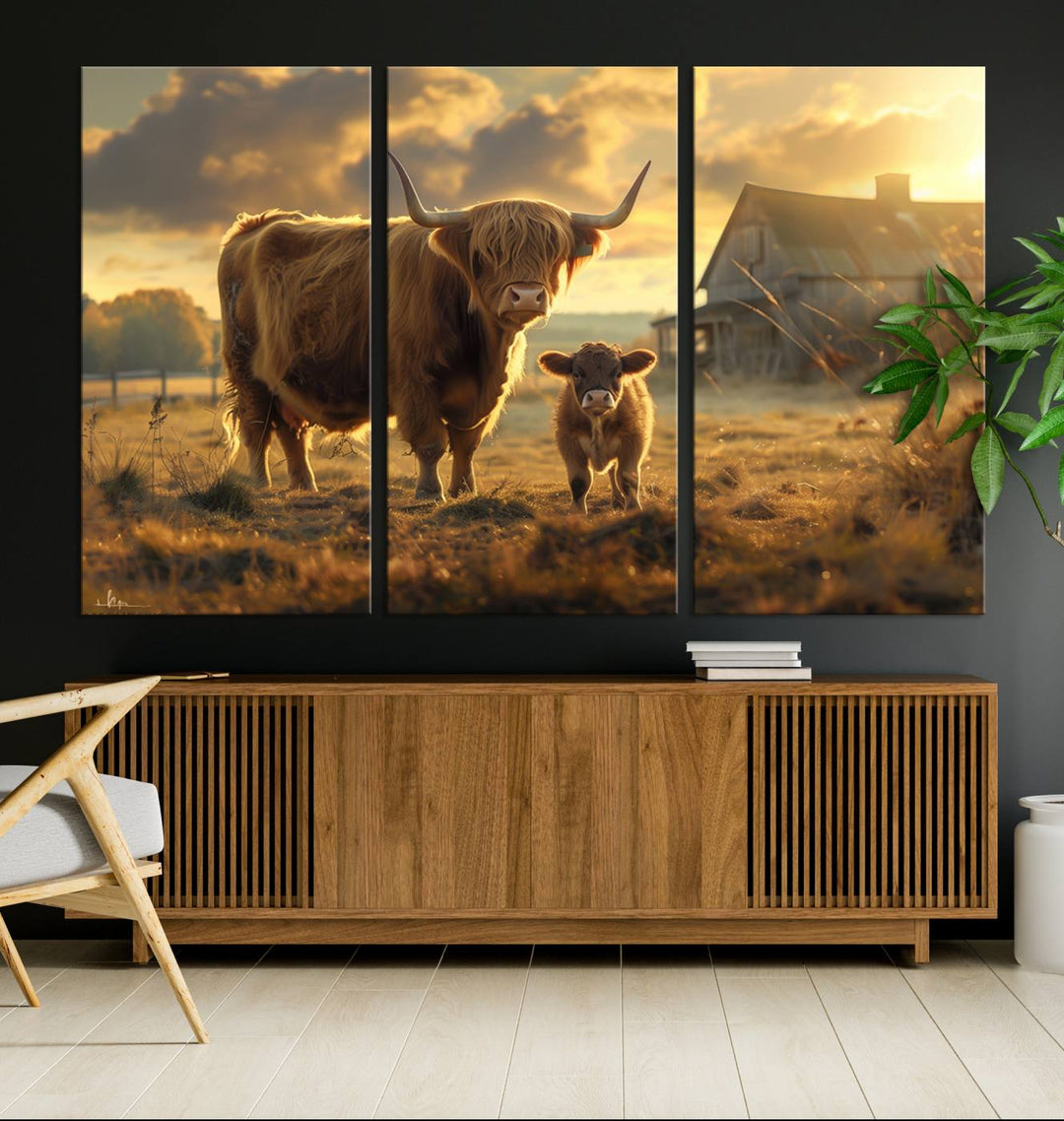 The "Highland Baby Cow Canvas Wall Art Animal Print" triptych art piece showcases a cow and calf in a sunlit field with a barn in the background.