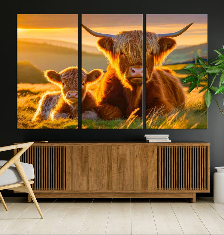 The living room showcases a gallery-quality finish with the Scottish Cow and Baby Cow Canvas Wall Art, featuring a charming animal print of fluffy cattle as the centerpiece. This stunning piece is displayed on premium canvas, creating an inviting atmosphere.