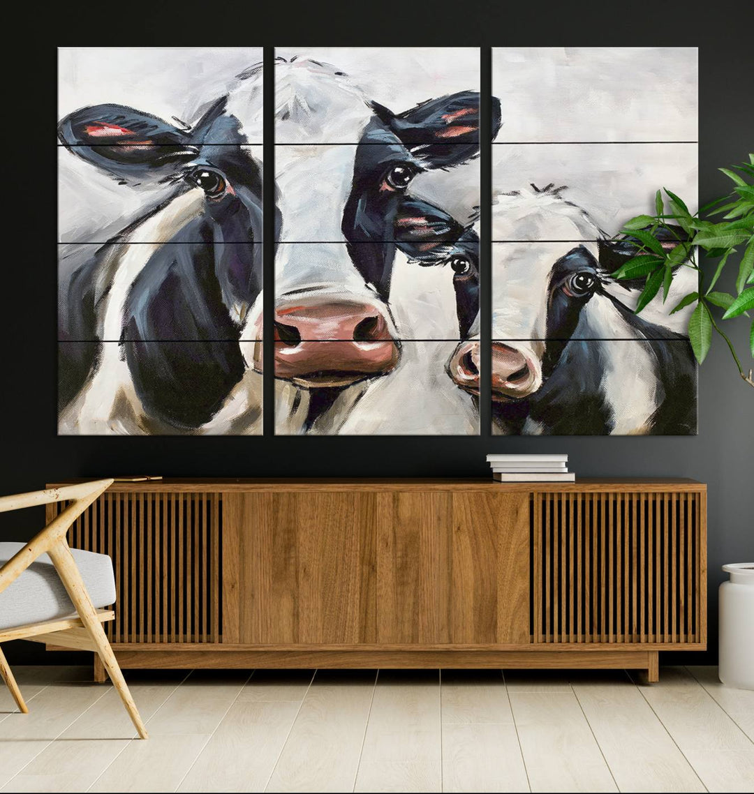 The Vintage Baby and Mom Cattle Wall Art Canvas Print is prominently displayed, adding a touch of contemporary and farmhouse decor to the modern living room.