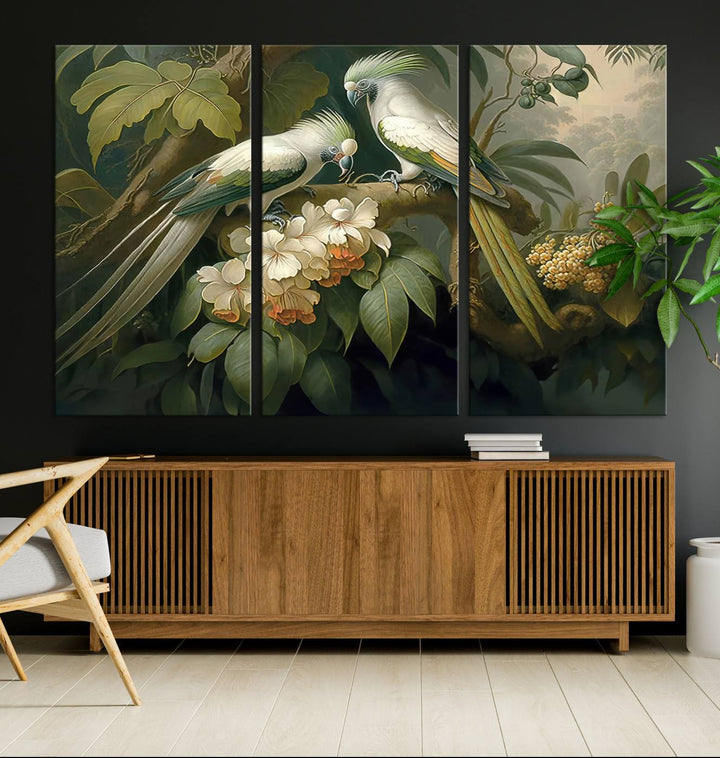 Crafted in the USA, this Tropical Paradise Print wall art features a stunning parrot amidst a lush forest and beautiful flowers.