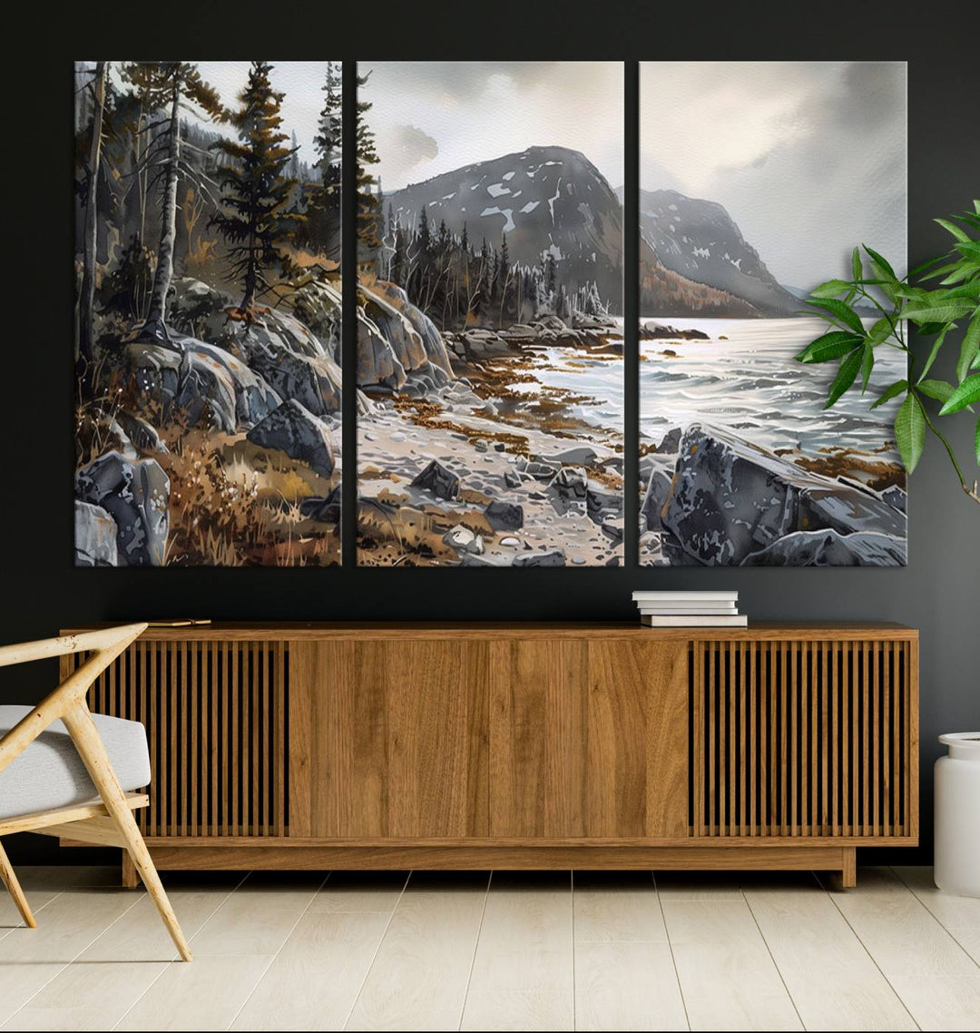 The stunning Serene Coastal View of Acadia National Park is a 3-panel wall art canvas print that beautifully captures a tranquil mountain and lake scene.