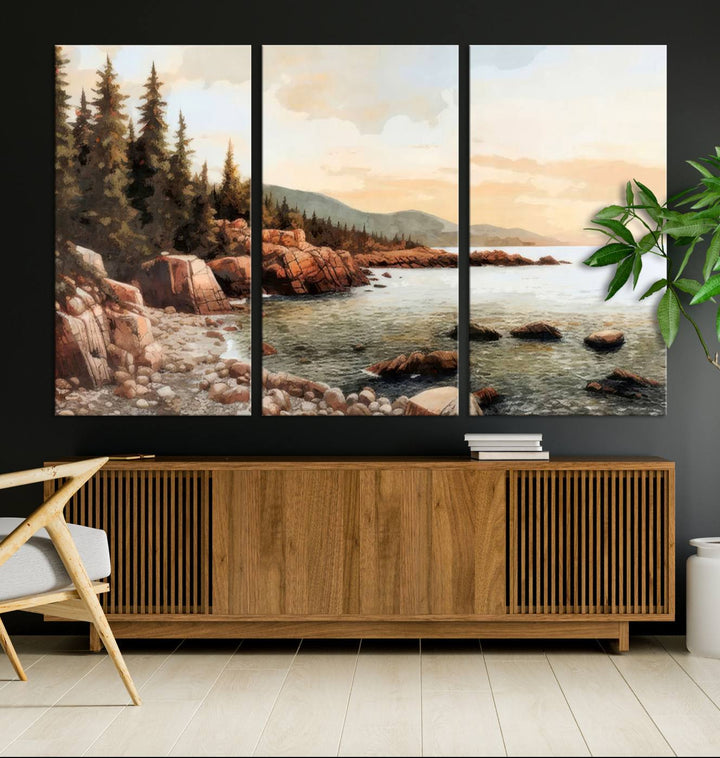 Serene Coastal View of Acadia National Park - Stunning 3-Panel Wall Art Canvas Print, Framed, Ready to Hang