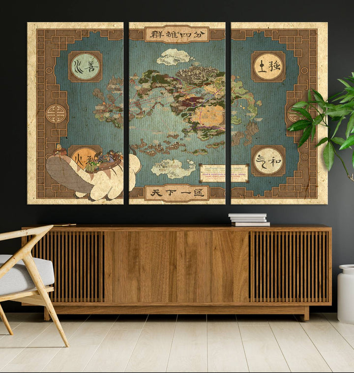 Hanging above is the Avatar: The Last Airbender Vintage Map - Wall Art Canvas Print, framed and ready to hang, showcasing an enchanting glimpse into the iconic four nations design.