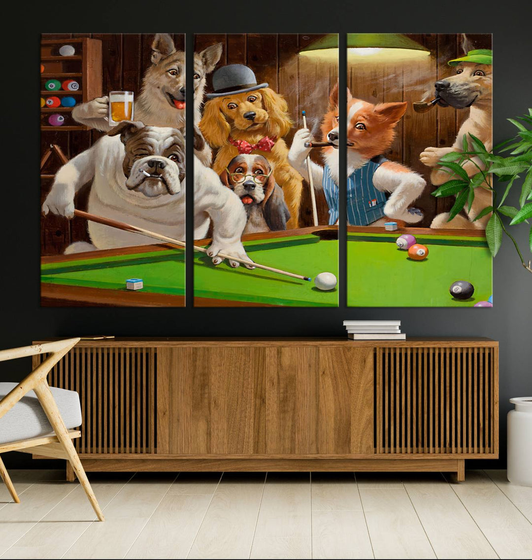 The "Dogs Playing Pool Canvas Wall Art" features a whimsical scene of dogs dressed as humans playing pool in a bar, presented as a three-panel display with a gallery-quality finish.