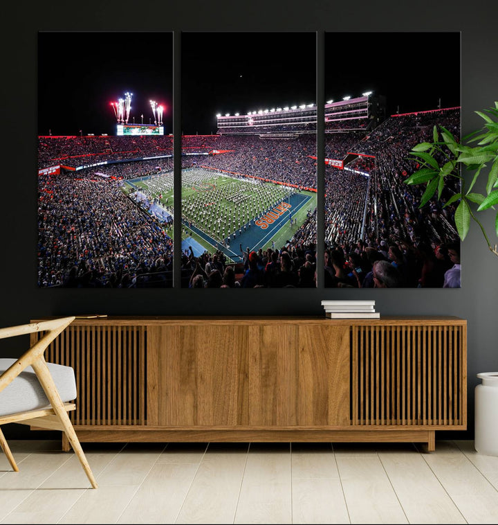 Ben Hill Griffin Stadium Night Game Triple Canvas Wall Art - Florida Gators Football Match