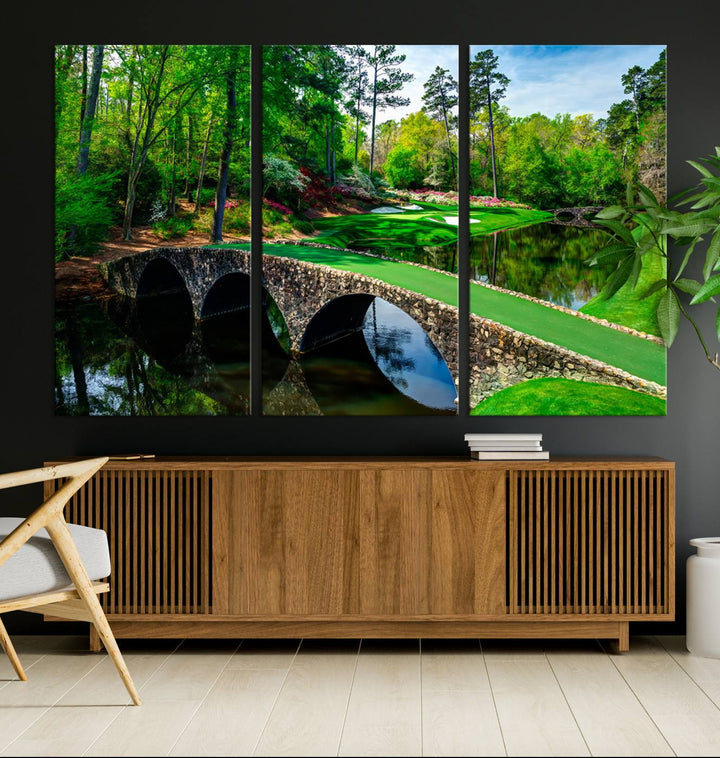 Augusta National Golf Club Wall Art - Panoramic Bridge & Lush Greenery – Premium Framed, Ready-to-Hang Triptych Canvas