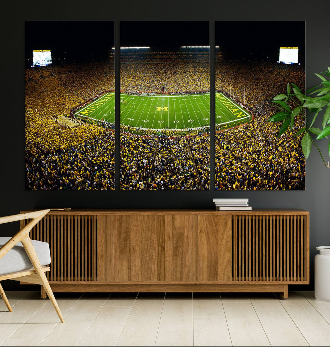 Michigan Wolverines Football Team Print - Michigan Stadium Night Game Triple Canvas Wall Art - University of Michigan Football Match