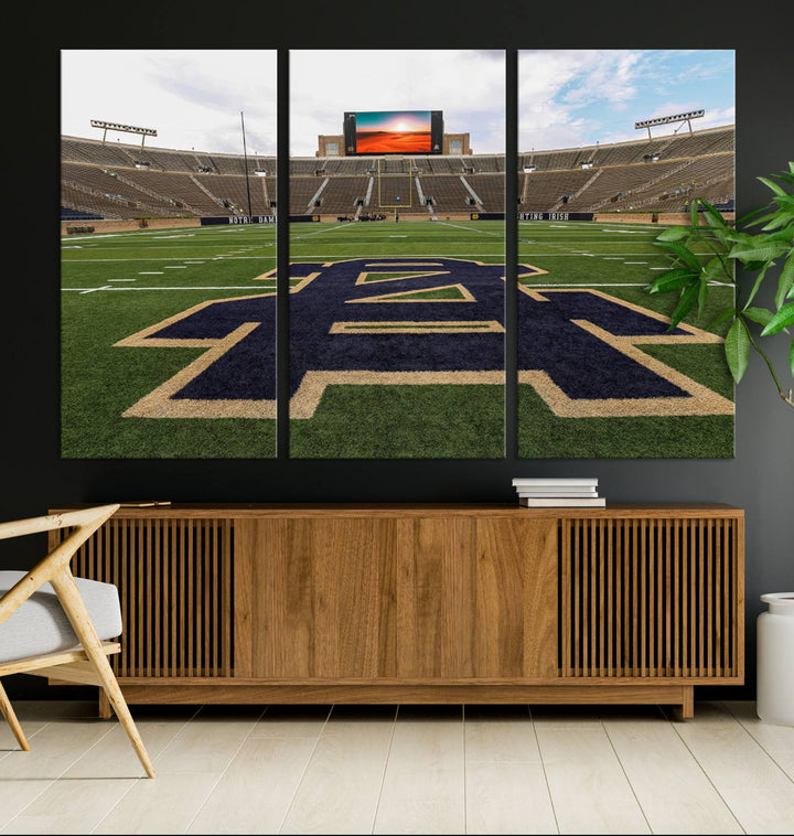 Notre Dame Stadium Giclee Canvas Print | Triptych Wall Art Featuring Iconic Notre Dame Football Field | Ready-to-Hang Sports Stadium Decor