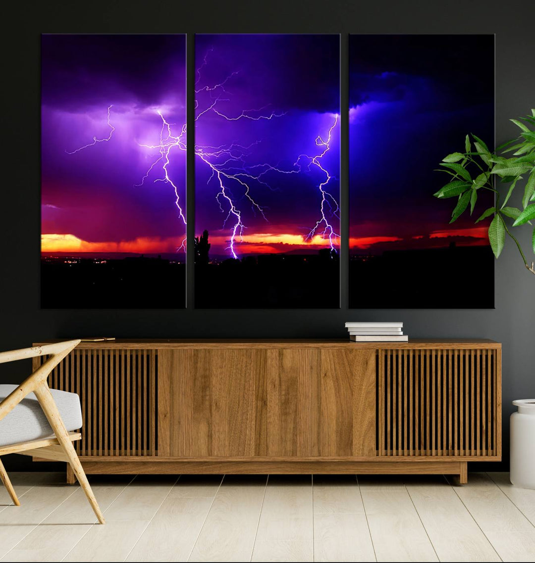 Electrifying Sunset Thunderstorm Canvas Print – Dramatic Lightning and Vibrant Sunset Wall Art