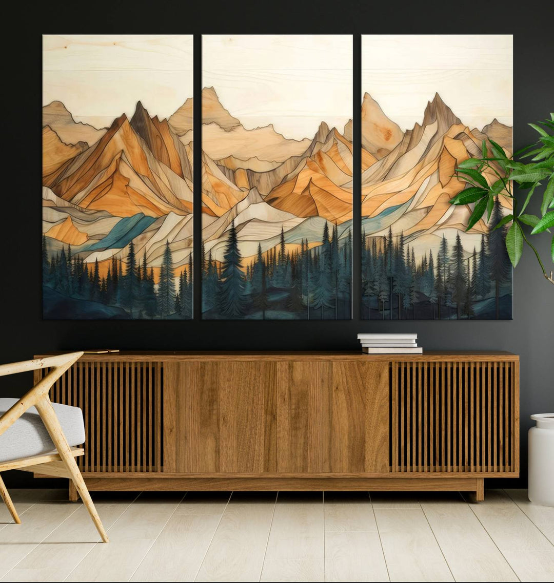 Rustic Wood Style Mountain Wall Art Print | Triptych Giclee Print Featuring Handcrafted Forest and Mountain Range Design | Framed Ready-to-Hang Print