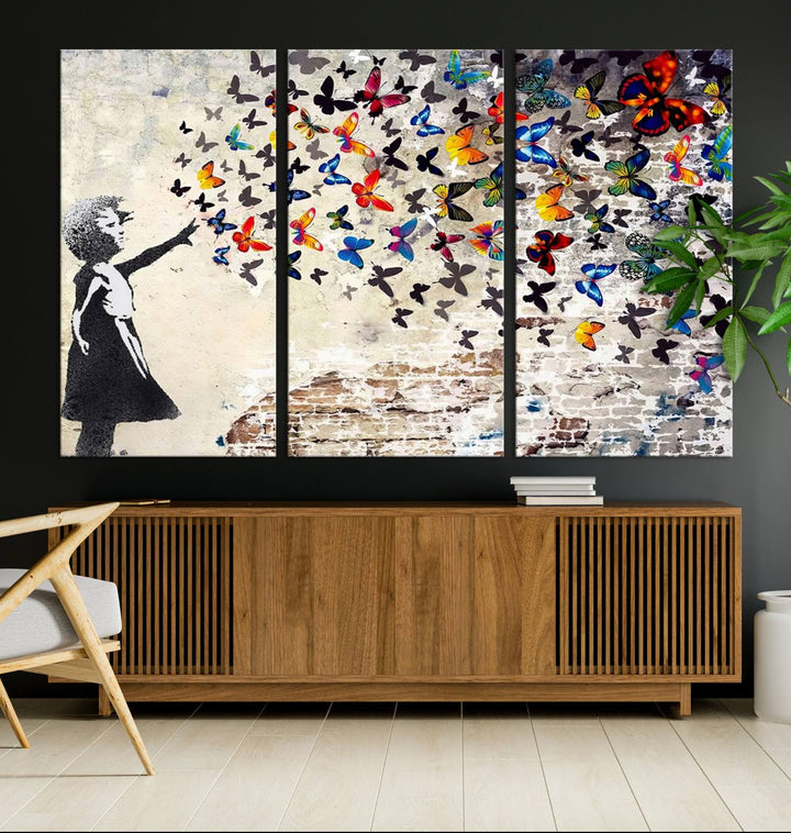 Banksy Style Girl with Butterflies Wall Art - Beautiful Framed Ready-to-Hang Triptych Canvas - Vibrant Butterfly Street Art for Modern Decor