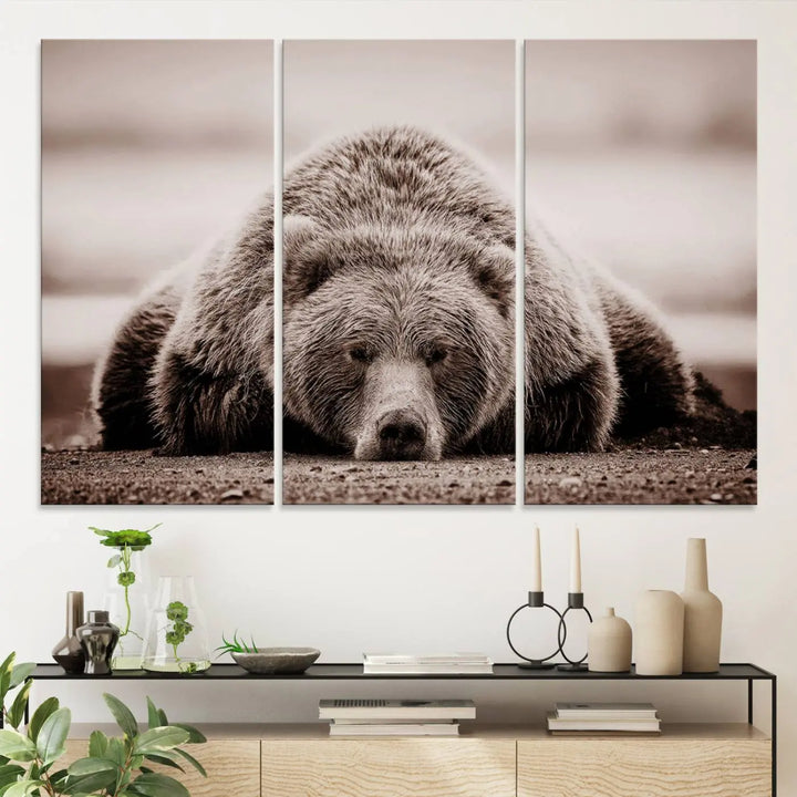 The Grizzly Bear Wall Art Print - a Rustic Bear Portrait Canvas - serves as the centerpiece on the wall, creating an elegant, nature-inspired decor.