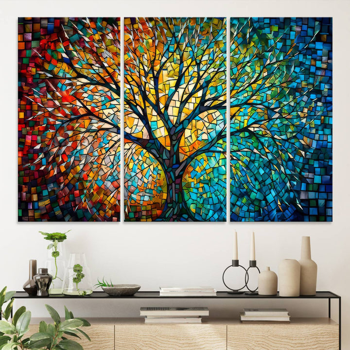 Explore the Yggdrasil Tree of Life Wall Art Print, a 3-panel canvas print made in the USA, featuring a vibrant multicolor mosaic design.