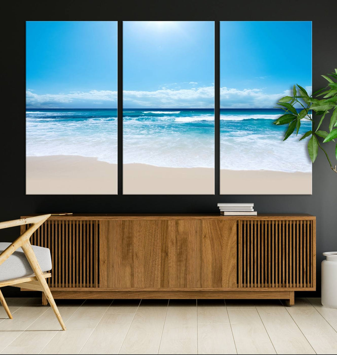 Lienzo decorativo para pared grande con estampado de mar y playa azul brillante