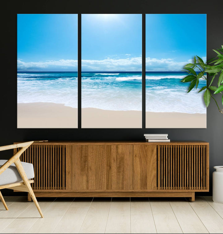 Wall Art Canvas Print Shiny Blue Sea and Beach