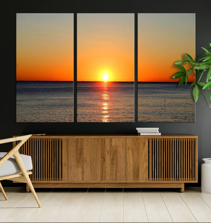 Golden Horizon Sunset Over Ocean Wall Art Canvas Print – Tropical Beach Canvas Wall Art – Giclee Print for Coastal Theme Decor Print