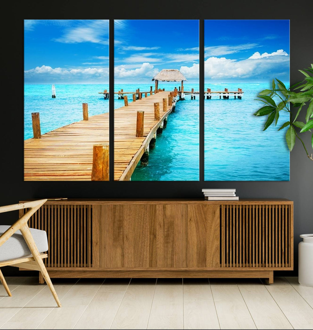 Tropical Pier Triptych Wall Art, Stunning Turquoise Ocean and Wooden Dock Canvas Print, Coastal Beach House Decor, Ocean View Canvas Art