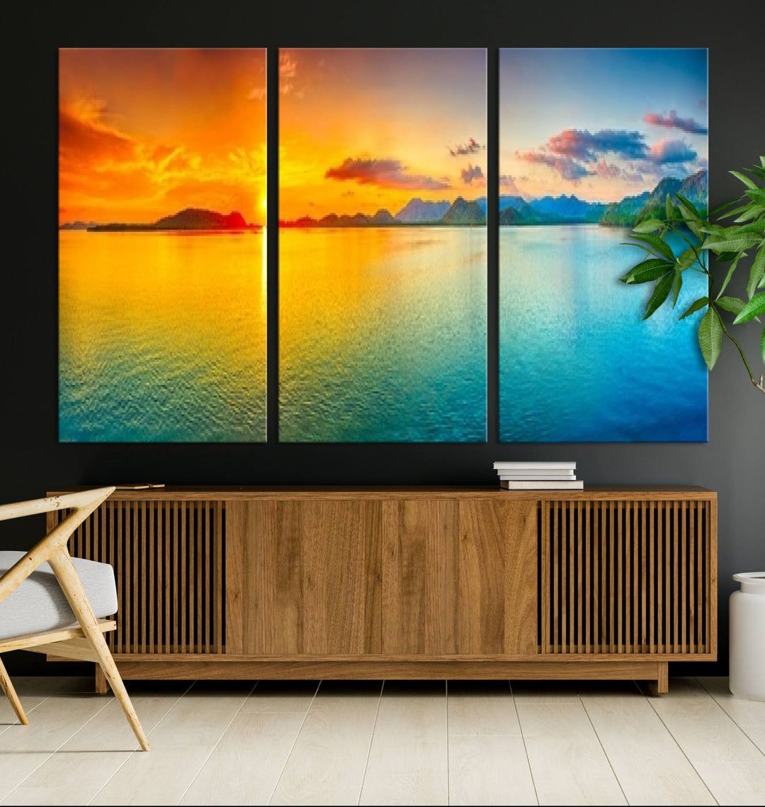 Wall Art Canvas Print Colorful Sunset Sea and Mountain Artwork