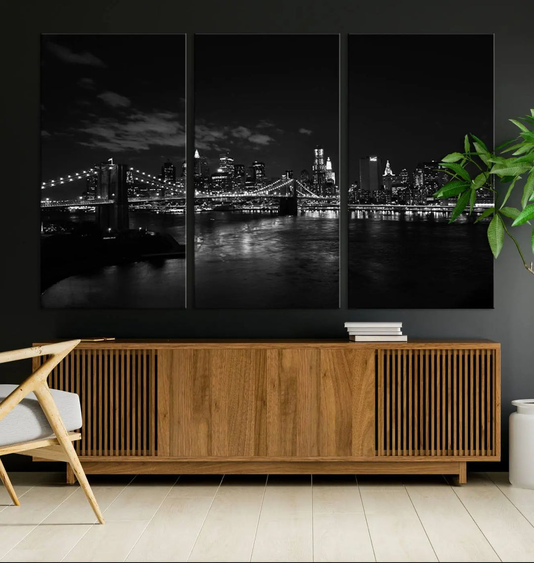 The "NEW YORK Canvas Prints Black and White Brooklyn Bridge Print" is a stunning triptych showcasing the iconic city skyline and bridge. Printed on museum-quality canvas with a UV-protective coating, it is ready to hang and instantly elevates your decor.