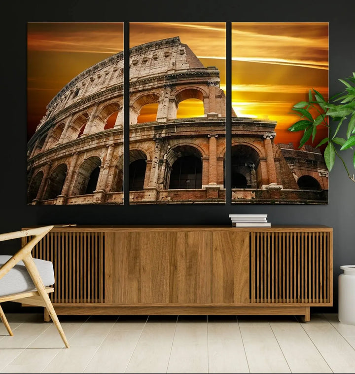 A three-panel canvas titled "Colosseum with Yellow Sunset Behind, Italy," protected with a UV-coating, is elegantly displayed.