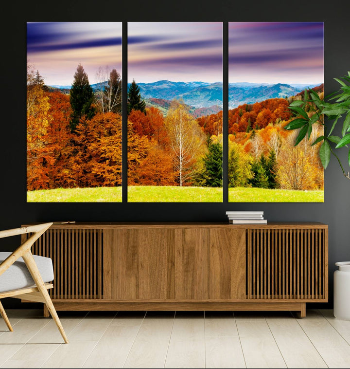 Autumn Colorful Forest Blue Mountains and Purple Sky at Sunset Wall Art Canvas Print