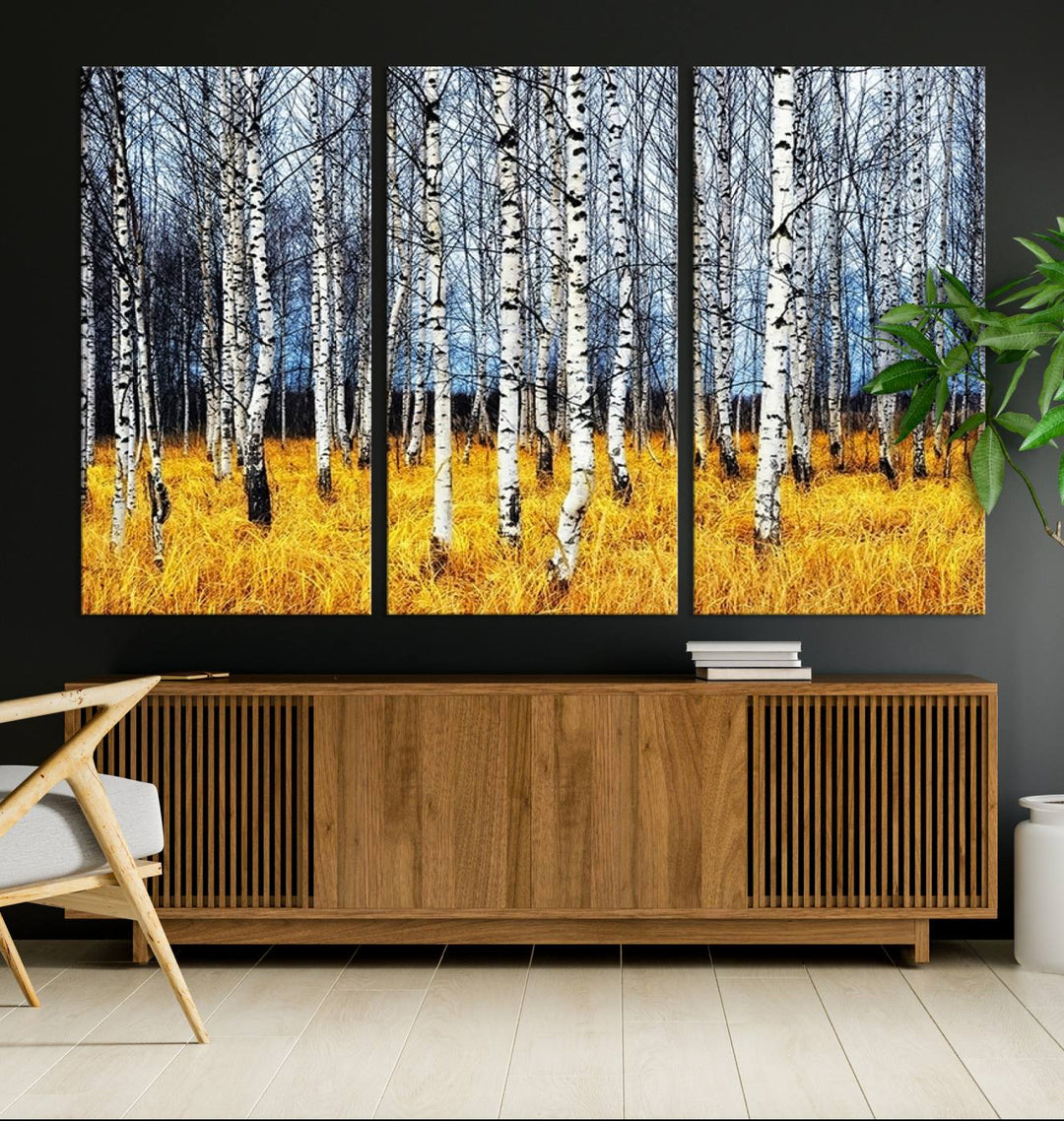 Impression d’art mural de bouleaux, art mural paysage, impression sur toile, arbres sans feuilles sur fond jaune