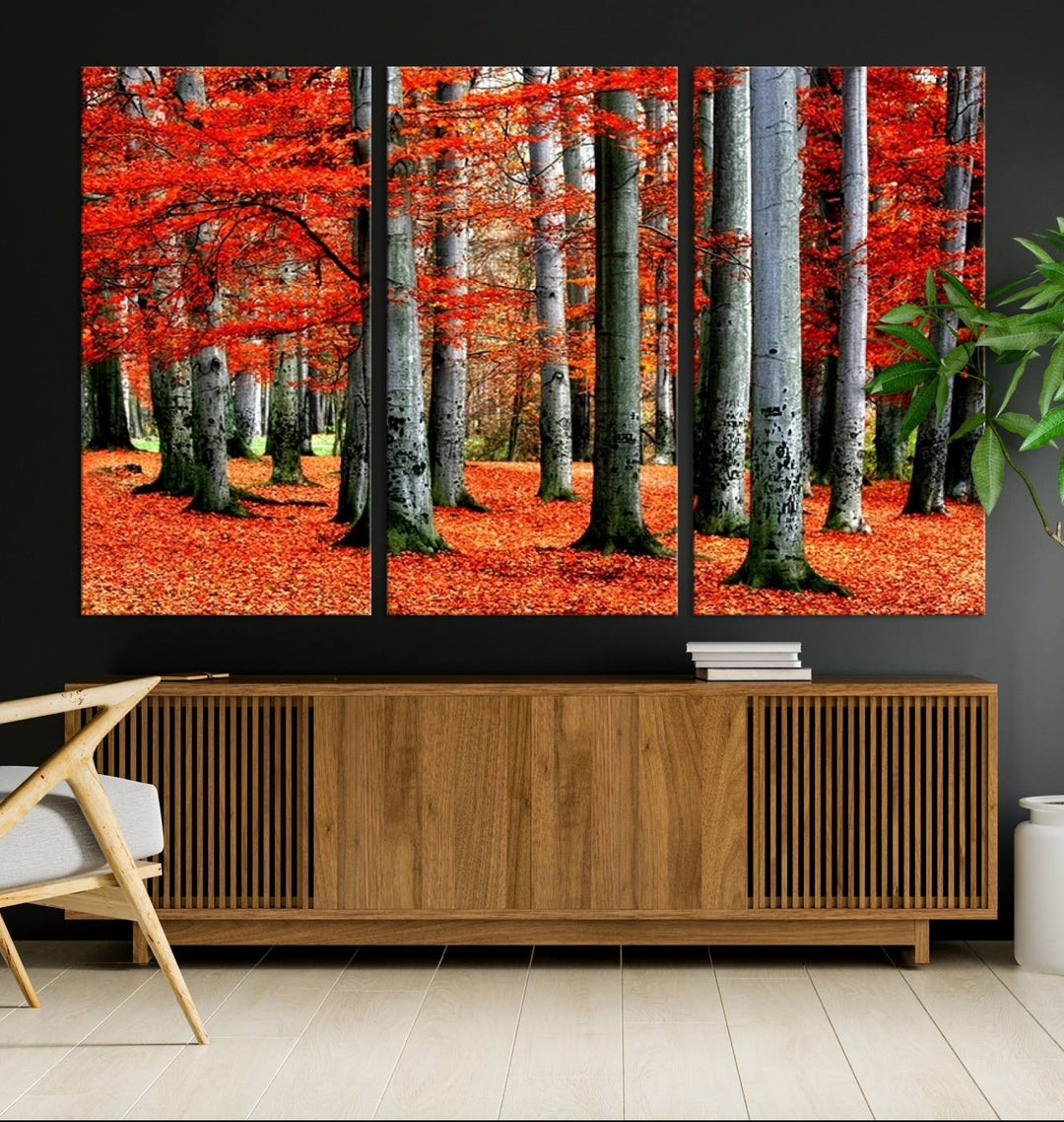 Impression sur toile de paysage d'art mural, feuilles rouges sur des arbres sur fond rouge