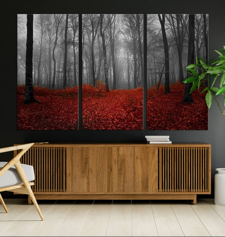 Impression sur toile de paysage d'art mural, forêt merveilleuse avec des feuilles rouges au sol