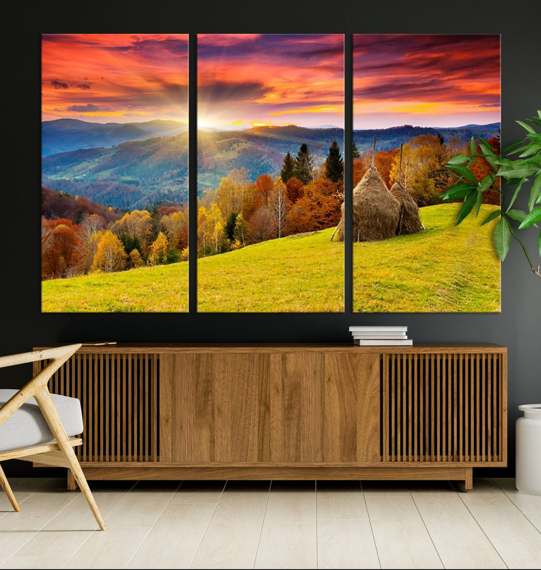 Impression sur toile de paysage d'art mural, tous les tons de vert au coucher du soleil