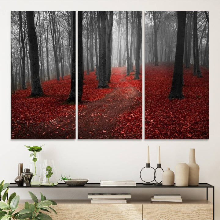 Wonderful Forest artwork: Triptych with red leaves, ideal for nature lovers.