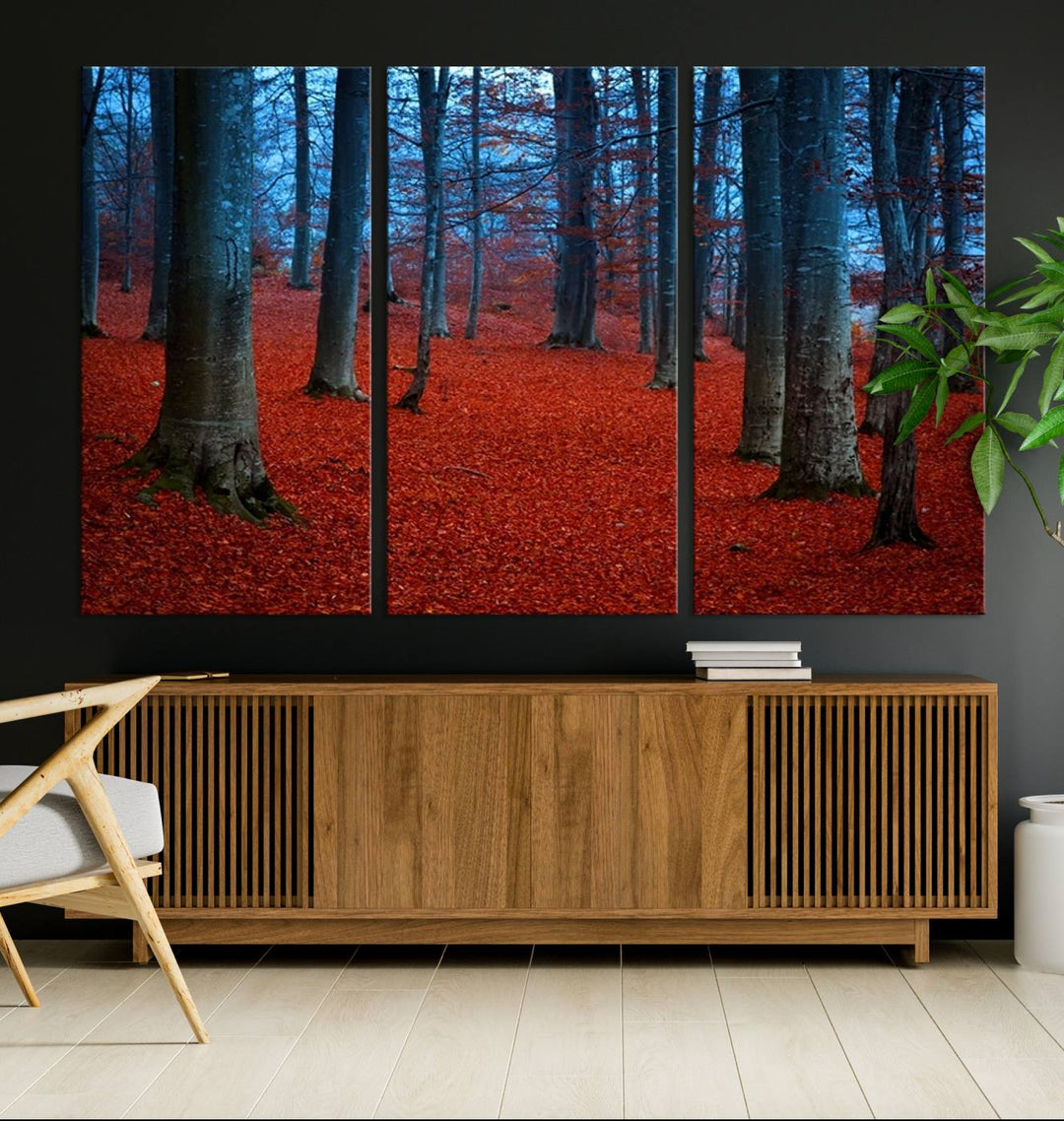 Impresión de lienzo de paisaje de arte de pared extra grande - Hojas rojas en bosque azul