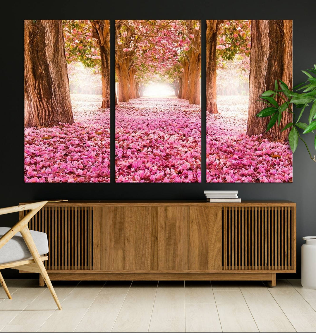 Blossom Cherry Canvas Print Walking on Pink Flowers Between Trees