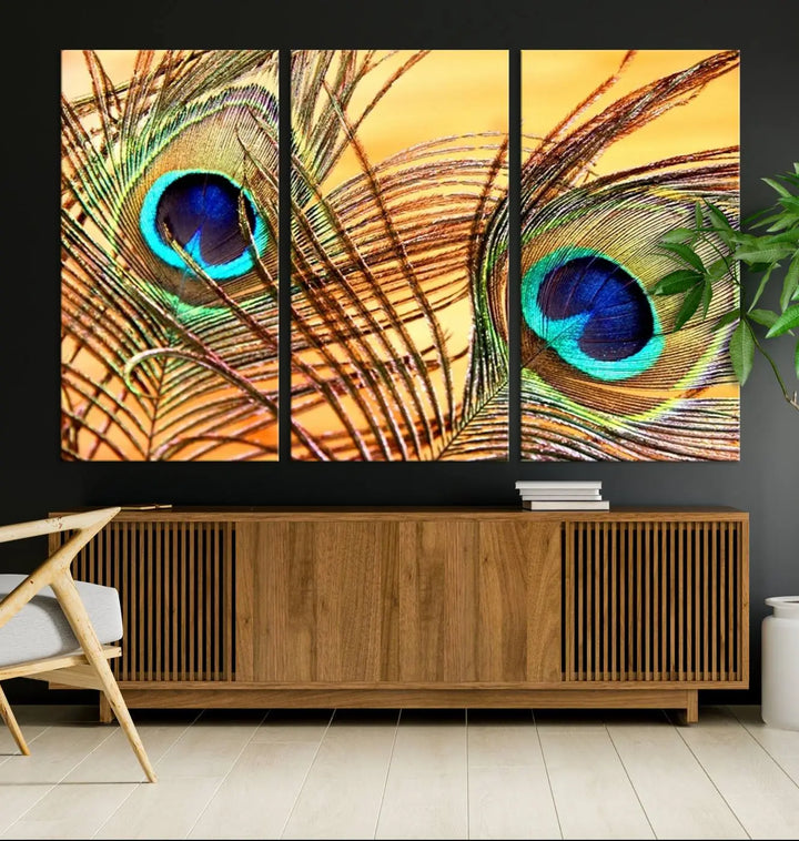 The Peacock Feather Wall Art Print, showcasing a vibrant green, blue, and orange feather design and ready to hang, adorns the space.