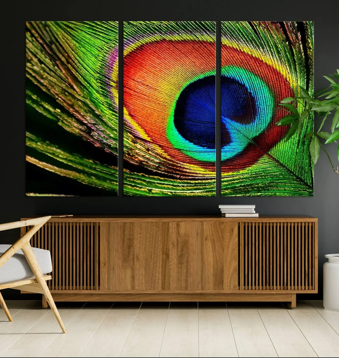 The living room features the "Colorful Peacock Feather Wall Art Print," showcasing a vibrant green, blue, and orange design elegantly displayed above a modern sofa.