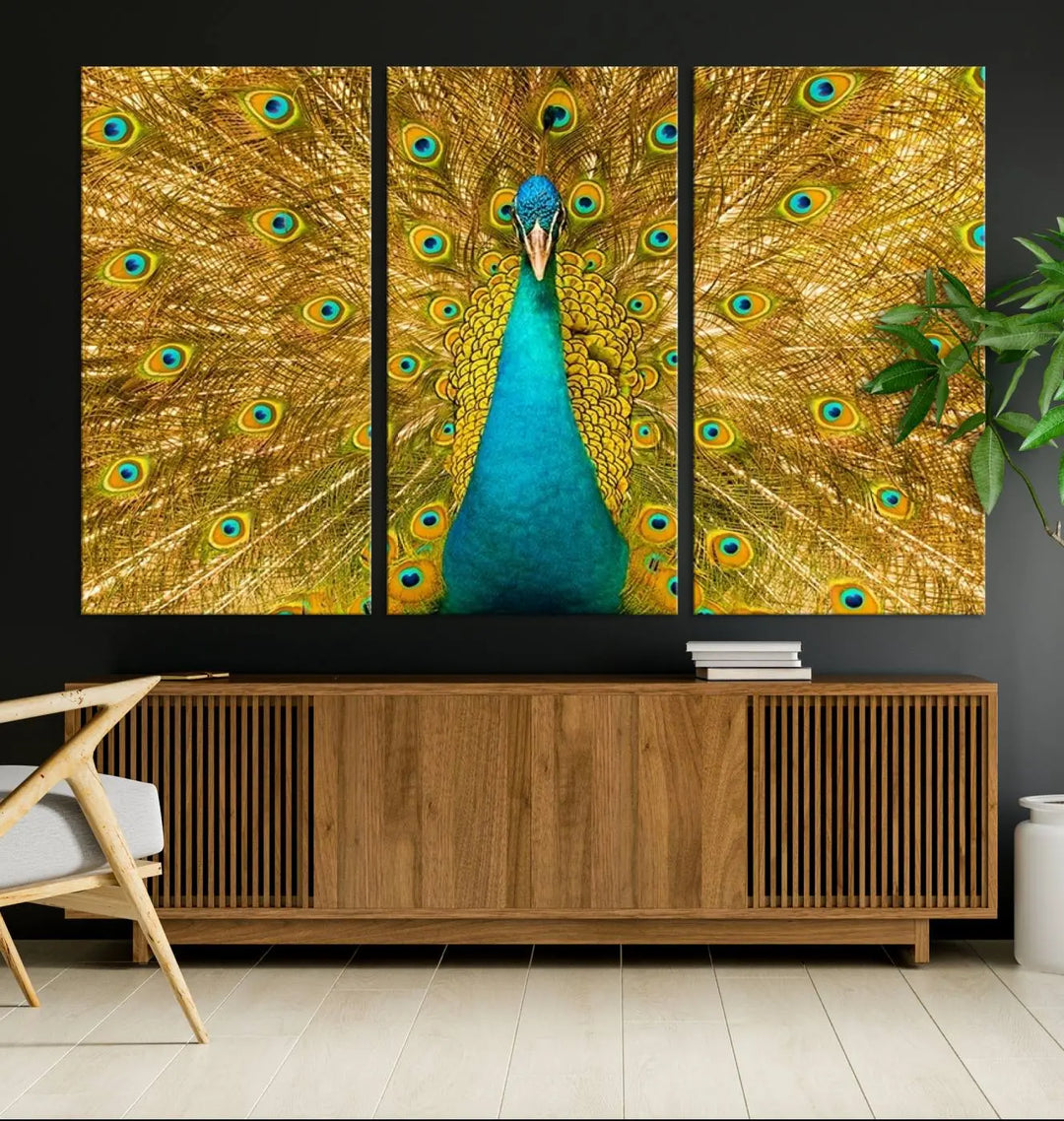 The Peacock Wall Art Canvas Print, featuring a vibrant triptych design of a peacock with intricate feather details and printed on museum-quality canvas with UV-protective coating, brings an artistic flair to the elegant space. Ready to hang, it enhances the modern living room with its striking presence.