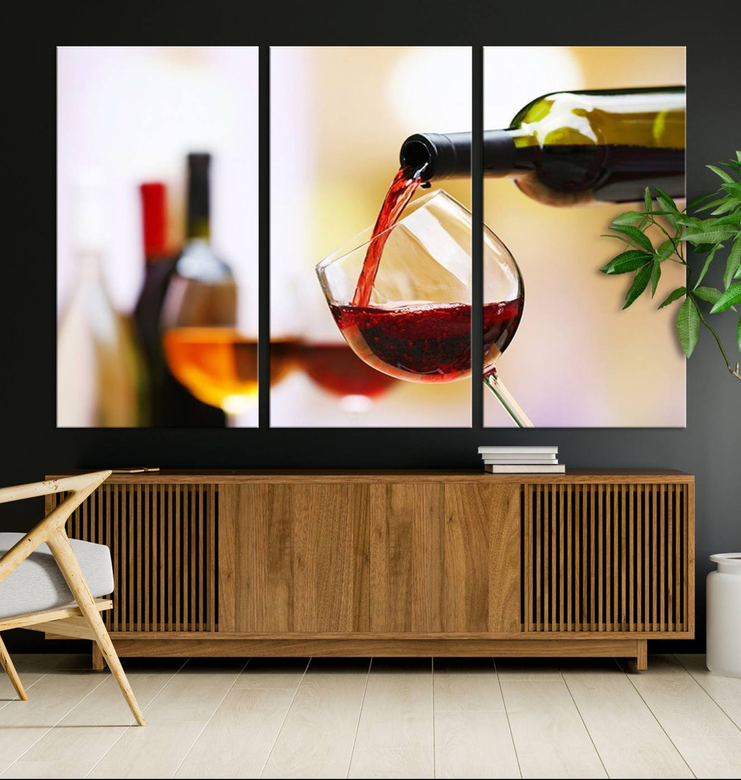 The Filling Red Wine into Glass Red Wine Canvas Print showcases a wine bottle pouring red wine into a glass. This scene, captured on museum-quality canvas, promises timeless elegance and comes with free shipping for effortless delivery to your doorstep.