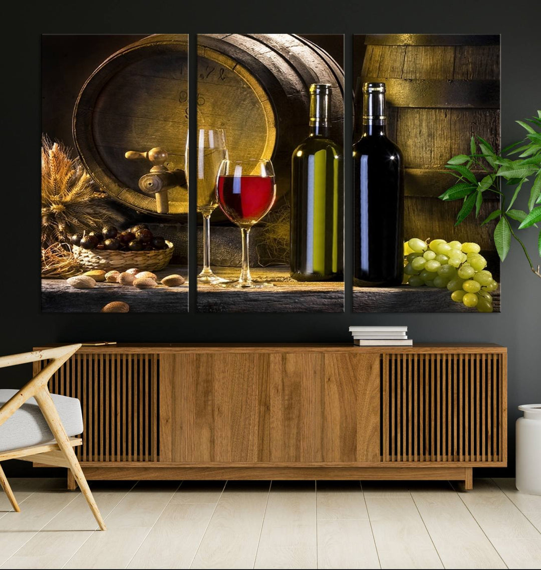 Explore the "Wall Art Red and White Wine with Bottles and Tun Canvas Print," a triptych on gallery-wrapped, museum-quality canvas. Featuring a wine barrel, bottles, and a glass of red wine, it includes a UV-protective coating for lasting vibrancy.