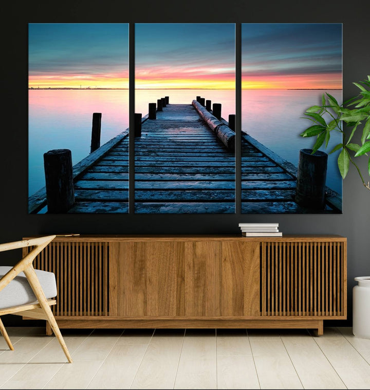 Wall Art Vintage Wooden Pier on Sea at Sunset Canvas Print