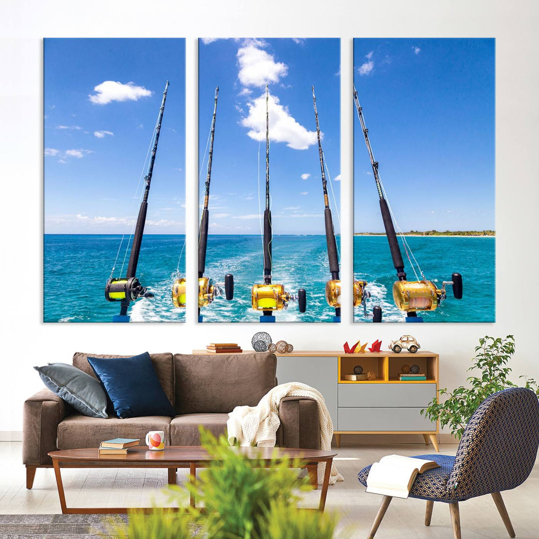 Fishing Roads on Boat Canvas Wall Art Print Ocean Seascape Art Print