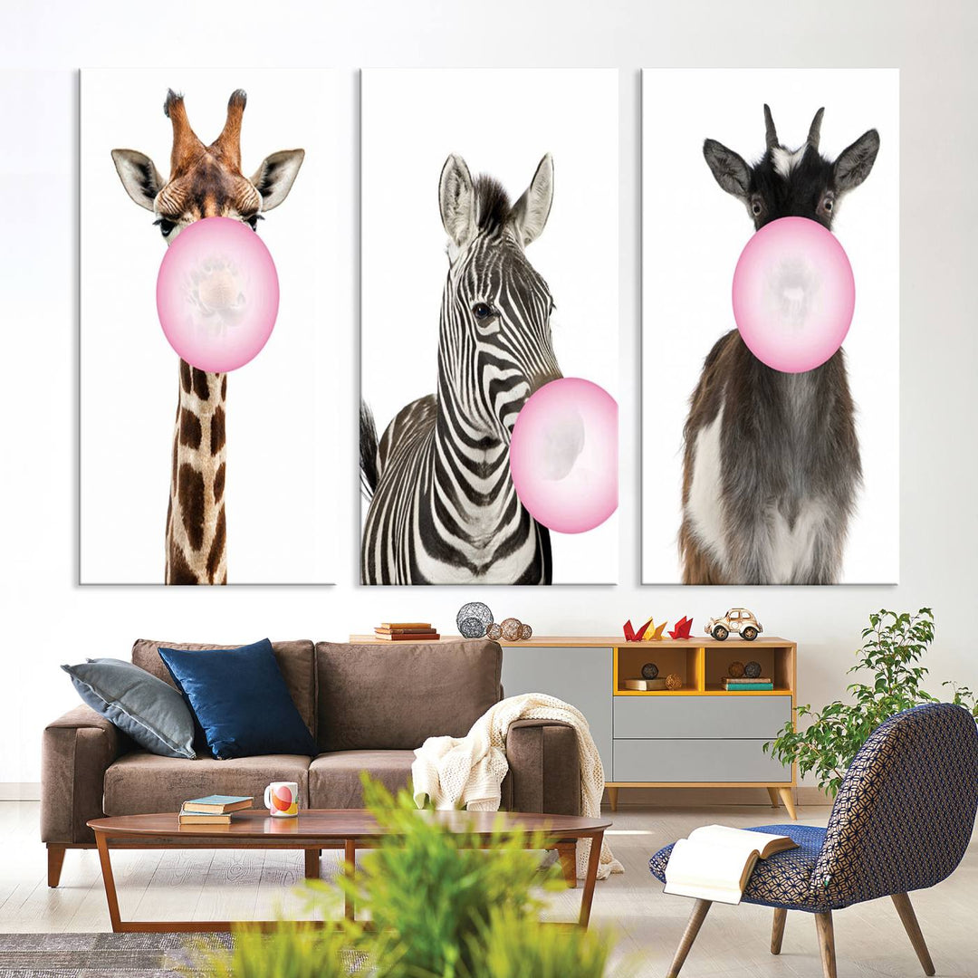 Animales divertidos, lienzo grande, arte de pared, cabra, cebra, jirafa, impresión en lienzo, animales lindos con globos para decoración de habitación de niños