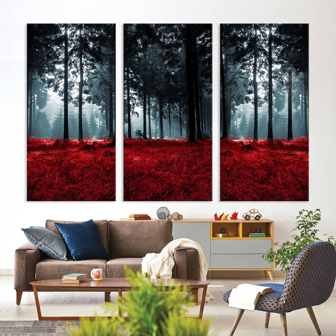 Bosque seductor con hojas rojas Impresión en lienzo Arte de pared grande Arte de lienzo de bosque Arte de paisaje de otoño Impresión de arte enmarcada